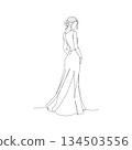 Hand-drawn woman side profile in gown. Manual vector with editable paths. Elegant silhouette art. 134503556
