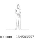 Hand-drawn woman in halter neck gown. Manual vector with editable paths. Luxury fashion sketch. 134503557