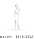 Hand-drawn woman in slim fit gown. Manual vector with editable paths. Minimalist fashion line art. 134503558