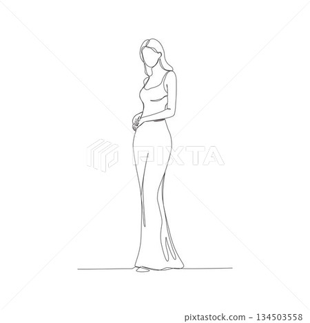 Hand-drawn woman in slim fit gown. Manual vector with editable paths. Minimalist fashion line art. Hand-drawn woman in slim fit gown. Manual vector with editable paths. Minimalist fashion line art. 134503558