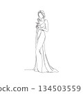 Hand drawn vector line art illustration of an elegant woman holding a rose, minimalist fashion outline with romantic feminine style. Manual vector with editable paths. Elegant fashion sketch illustrat 134503559