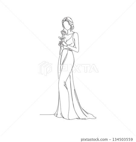 Hand drawn vector line art illustration of an elegant woman holding a rose, minimalist fashion outline with romantic feminine style. Manual vector with editable paths. Elegant fashion sketch illustrat Hand drawn vector line art illustration of an elegant woman holding a rose, minimalist fashion outline with romantic feminine style. Manual vector with editable paths. Elegant fashion sketch illustrat 134503559