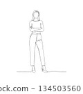 Hand-drawn woman in modern trousers. Manual vector with editable paths. Confident pose, minimalist fashion sketch 134503560