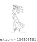 Hand-drawn woman in flowing dress. Manual vector with editable paths. Dynamic motion fashion illustration. 134503561