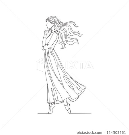 Hand-drawn woman in flowing dress. Manual vector with editable paths. Dynamic motion fashion illustration. Hand-drawn woman in flowing dress. Manual vector with editable paths. Dynamic motion fashion illustration. 134503561