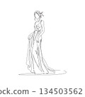 Hand-drawn luxury couture gown with train. Manual vector with editable paths. High fashion line art. 134503562