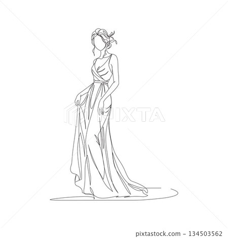 Hand-drawn luxury couture gown with train. Manual vector with editable paths. High fashion line art. 134503562