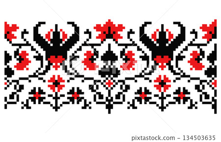 Black and red pixel botanical repeated ornament Black and red pixel botanical repeated ornament 134503635