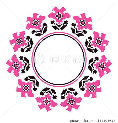 Pink Floral Circle Frame Folk Ornament 134503638