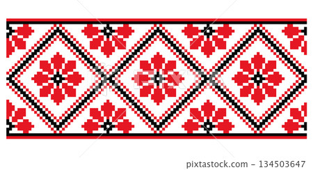 Red Black Pixel Floral Folk Ukrainian Ornament 134503647