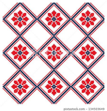 Red Black Pixel Floral Ukrainian Ornament Tile 134503649