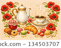 Artistic Still Life of Coffee, Croissants, and Macarons 134503707