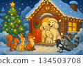 Cute Christmas Illustration with Poodle Dogs and Forest Animals 134503708