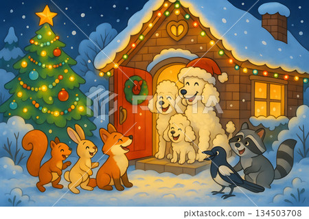 Cute Christmas Illustration with Poodle Dogs and Forest Animals Cute Christmas Illustration with Poodle Dogs and Forest Animals 134503708