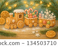 Whimsical Gingerbread Christmas Train with Sweets and Candy Canes 134503710