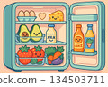 Kawaii Style Open Refrigerator with Healthy Food Illustration 134503711