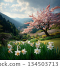 Stunning Spring Landscape with Blooming Cherry Tree and Daffodils 134503713