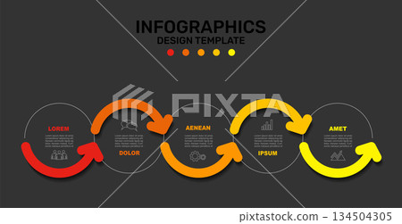 Curved arrow infographic timeline with segments and icons, for process visualization, business presentations. Vector illustration. 134504305