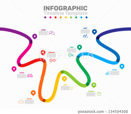 Colorful winding timeline infographic with icons and text boxes for process visualization, planning, or presentation use. Vector. 134504308