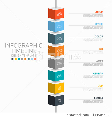 Vertical infographic timeline with colorful cube blocks, icons, and text for process visualization or presentation use. Vector. 134504309
