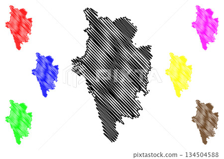 Uttara Kannada district (Karnataka State, Republic of India, Belgaum Division) map vector illustration, scribble sketch North Canara map Uttara Kannada district (Karnataka State, Republic of India, Belgaum Division) map vector illustration, scribble sketch North Canara map 134504588