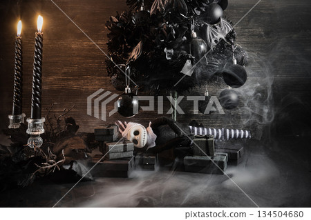 Gothmas. Dark Holiday Scene. Gothic Christmas setting with a dark tree, monochrome decorations, and eerie doll. 134504680