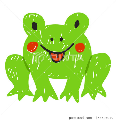 Green cartoon frog, child's hand-drawn pencil drawing. Green cartoon frog, child's hand-drawn pencil drawing. 134505049