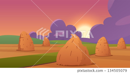 Landscape with a field, haystacks, and a horizon with a setting evening sun. Landscape with a field, haystacks, and a horizon with a setting evening sun. 134505079