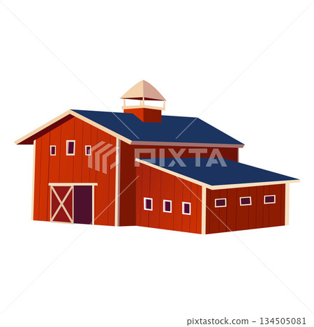 Red wooden barn with a blue roof, ventilation chimney, and open gate. Red wooden barn with a blue roof, ventilation chimney, and open gate. 134505081