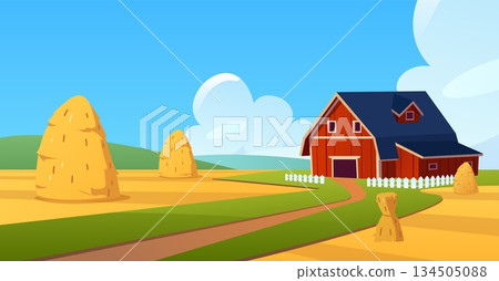 Haystacks and wooden barn house in fields vector flat illustration, cartoon cone hayloft on autumn nature landscape 134505088