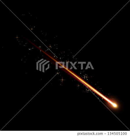 Falling burn star, asteroid with fire tail, realistic 3D vector flying light, meteor in space with golden light trail 134505100