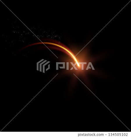 A glowing abstract golden spark with an arced trail and shimmering particles on a black background. 134505102