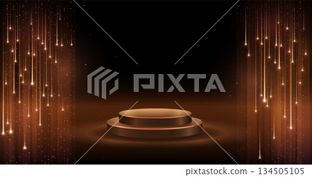 Falling stars on dark background with round podium, falling lights with sparkling blur golden fire trials on pedestal 134505105