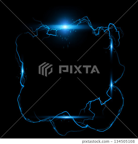Thunderbolt blue lightning spark square effect on black, bolt voltage border, energy beam, electric burst vector frame Thunderbolt blue lightning spark square effect on black, bolt voltage border, energy beam, electric burst vector frame 134505108