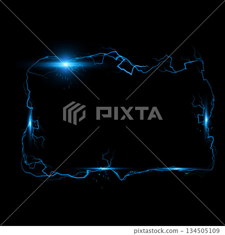 Thunderbolt blue lightning spark rectangle effect on black, bolt voltage border, electric energy beam burst vector frame 134505109