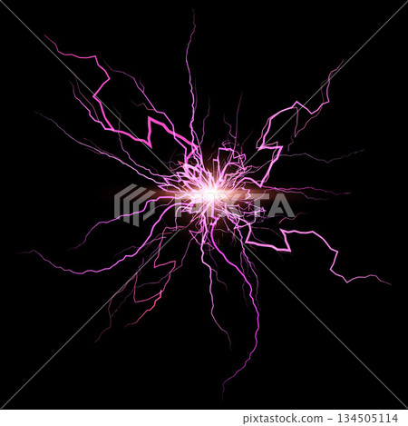 High-voltage lightning strike with a bright flash in the center and pink neon lightning. 134505114