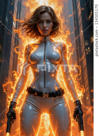 The image shows a woman in a tight white suit, surrounded by flames, holding two pistols The image shows a woman in a tight white suit, surrounded by flames, holding two pistols 134505170
