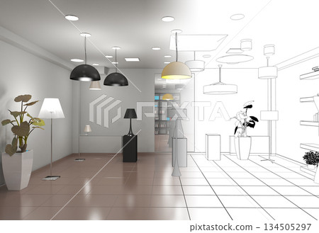 interior, exhibition hall, 3D illustration interior, exhibition hall, 3D illustration 134505297