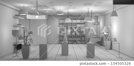 interior, exhibition hall, 3D illustration interior, exhibition hall, 3D illustration 134505326