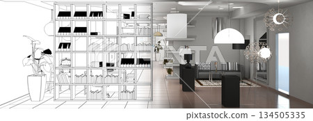 interior, exhibition hall, 3D illustration interior, exhibition hall, 3D illustration 134505335