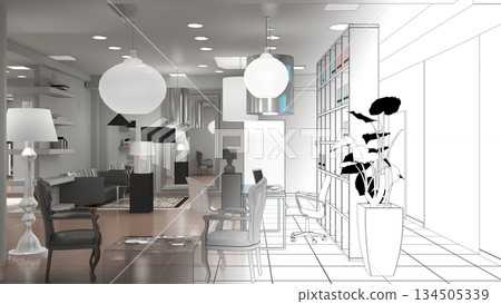 interior, exhibition hall, 3D illustration interior, exhibition hall, 3D illustration 134505339