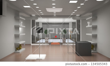 interior, exhibition hall, 3D illustration interior, exhibition hall, 3D illustration 134505343