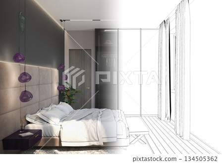 bedroom, interior visualization, 3D illustration bedroom, interior visualization, 3D illustration 134505362