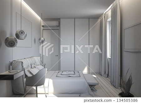 bedroom, interior visualization, 3D illustration 134505386