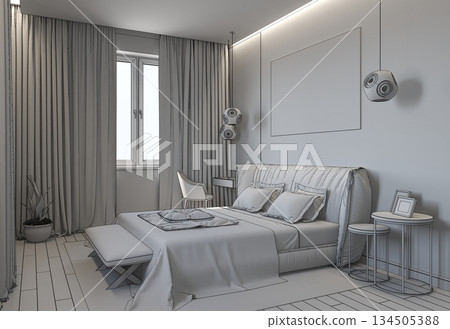 bedroom, interior visualization, 3D illustration 134505388