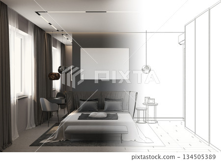 bedroom, interior visualization, 3D illustration bedroom, interior visualization, 3D illustration 134505389