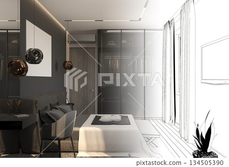 bedroom, interior visualization, 3D illustration bedroom, interior visualization, 3D illustration 134505390
