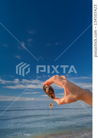 woman's hand holding an oyster shell in oil against the backdrop of the ocean and blue sky, a copy space about ocean pollution and environmental protection, vertical shot woman's hand holding an oyster shell in oil against the backdrop of the ocean and blue sky, a copy space about ocean pollution and environmental protection, vertical shot 134505423