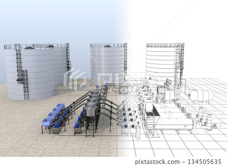 oil refinery, chemical production, waste processing plant, exterior visualization, 3D illustration, cg oil refinery, chemical production, waste processing plant, exterior visualization, 3D illustration, cg 134505635