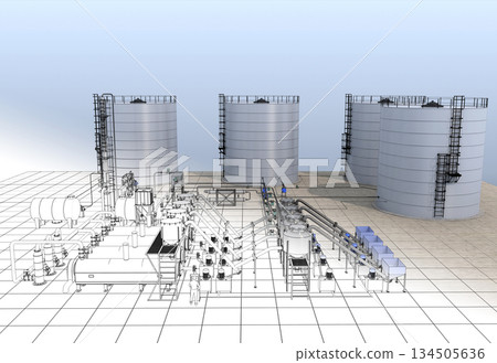 oil refinery, chemical production, waste processing plant, exterior visualization, 3D illustration, cg oil refinery, chemical production, waste processing plant, exterior visualization, 3D illustration, cg 134505636